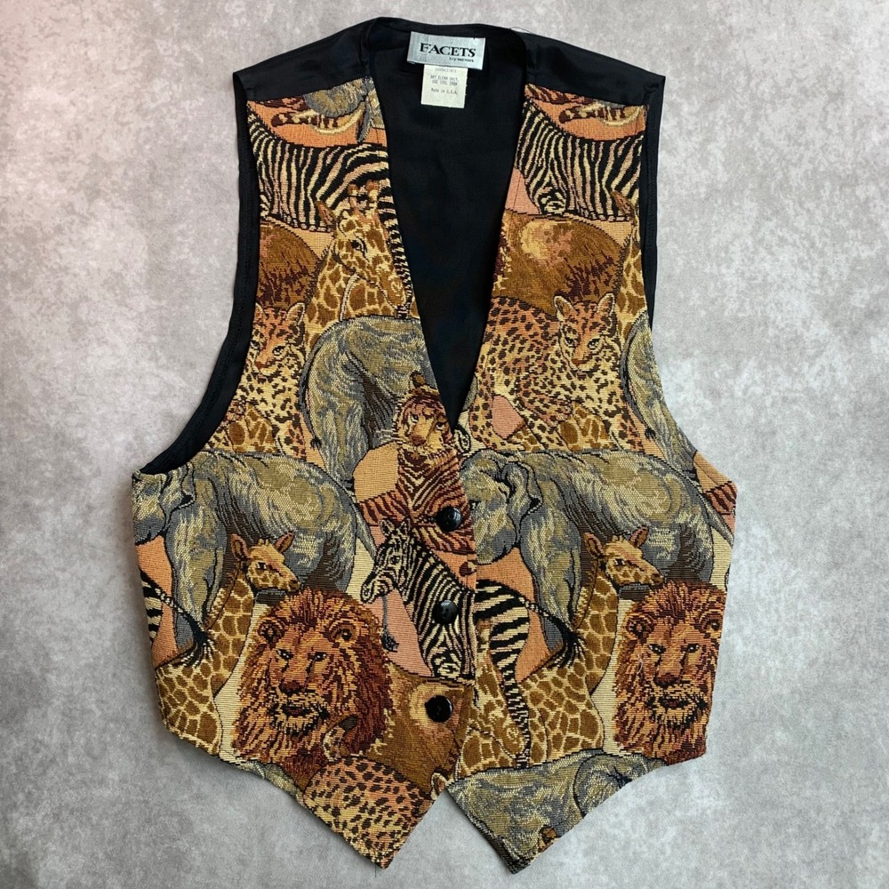 Facets by Mirrors Vintage 90s Safari Animal Tapestry Vest Medium Lion Zebra USA